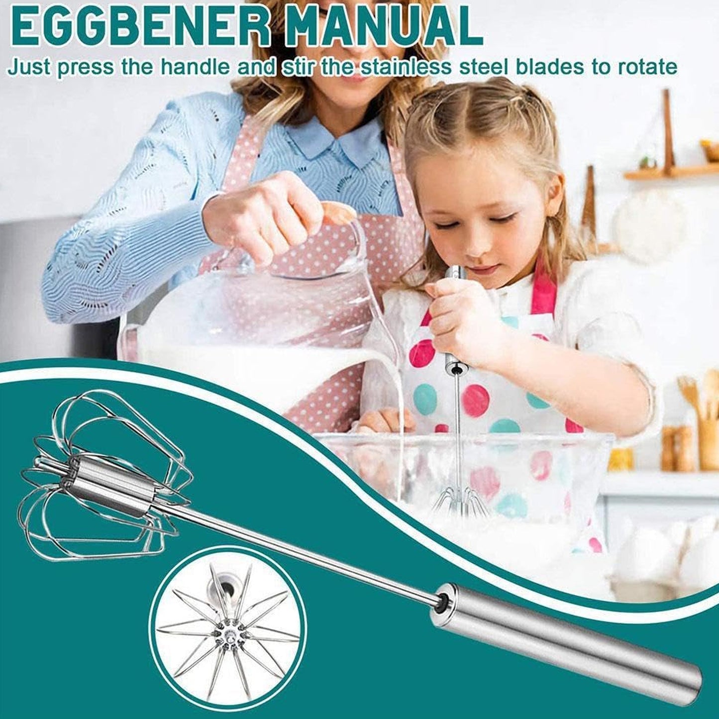 Big Stainless Steel Egg Whisk Hand Push Rotary Whisk Blender (1 Pc  35 Cm)