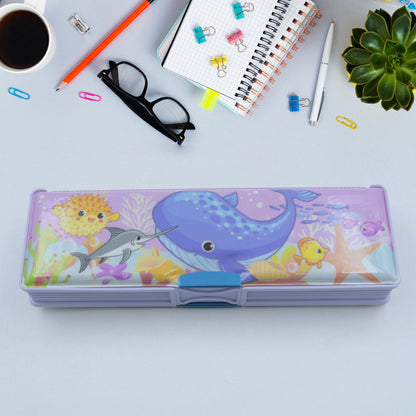 4138 Multipurpose Compass Box Plastic Double Deck Pencil Case With 2 Compartments Supplies Utility Box Storage Organizer Pencil Box For School Cartoon Printed Pencil Case For Kids Birthday Gift For Girls  Boys