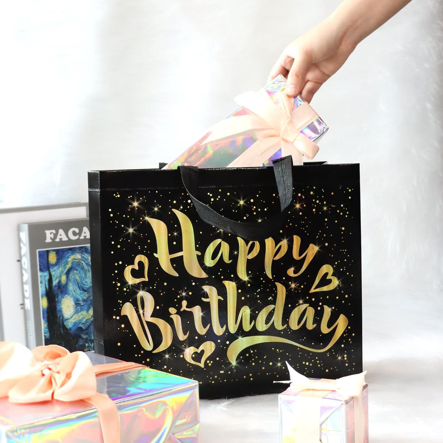 Birthday Gift Bag With Gold Shiny Stars Reusable Party Gift Bags (1 Pc)