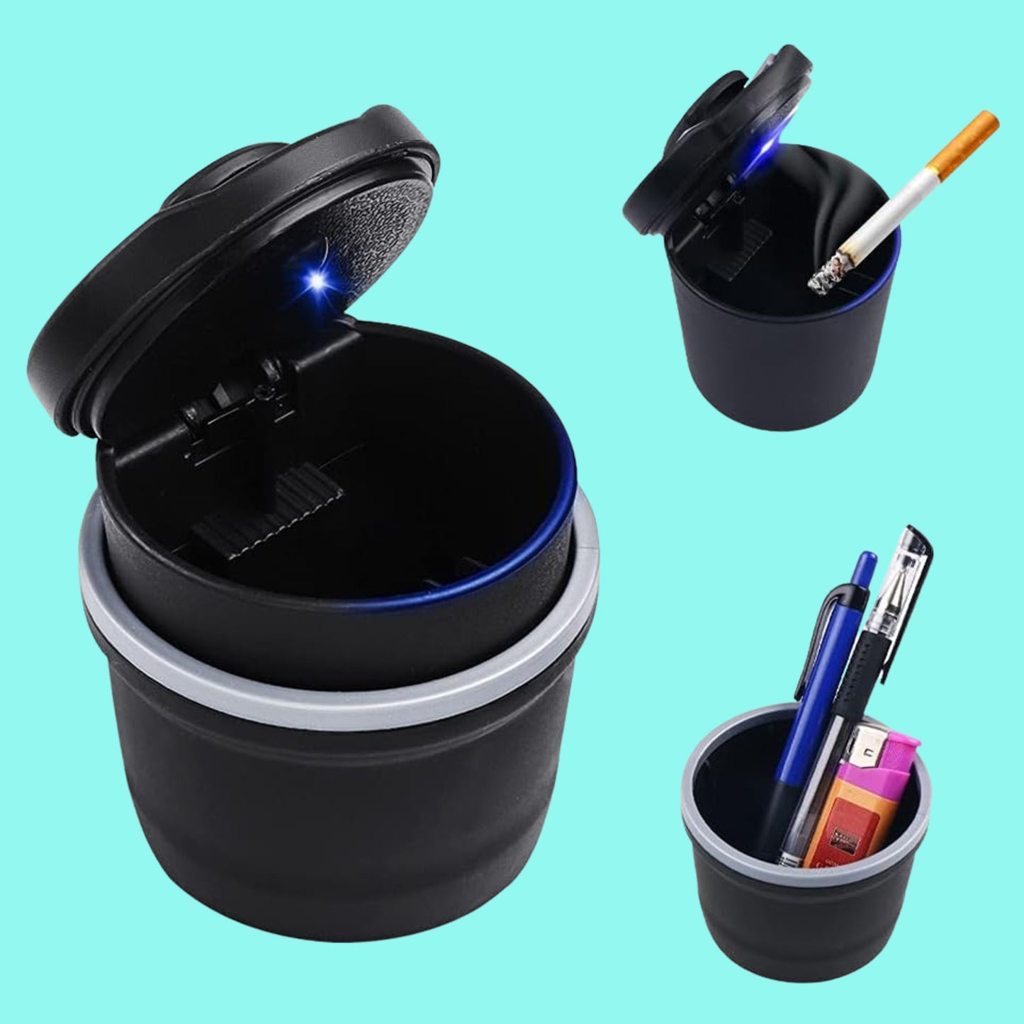 Portable Car Ashtray With Lid And Blue Led Light (1 Pc)