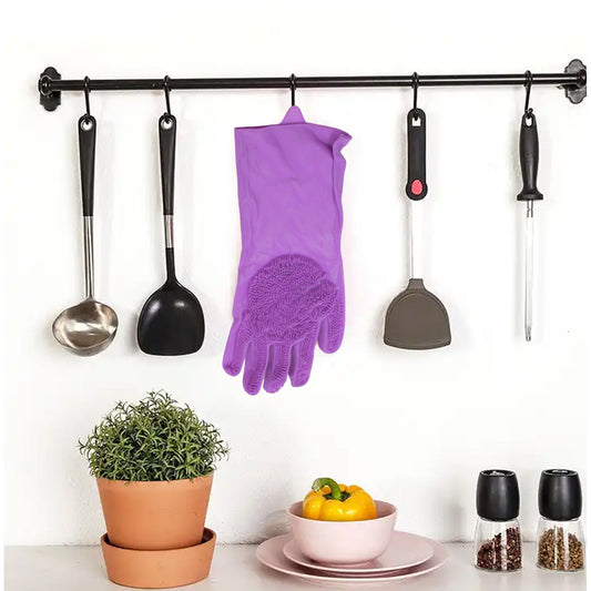 0712 Dishwashing Gloves With Scrubber Silicone Cleaning Reusable Scrub Gloves For Wash Dish Kitchen Bathroom Pet Grooming Wet And Dry Glove (1 Pc Left Hand Gloves)